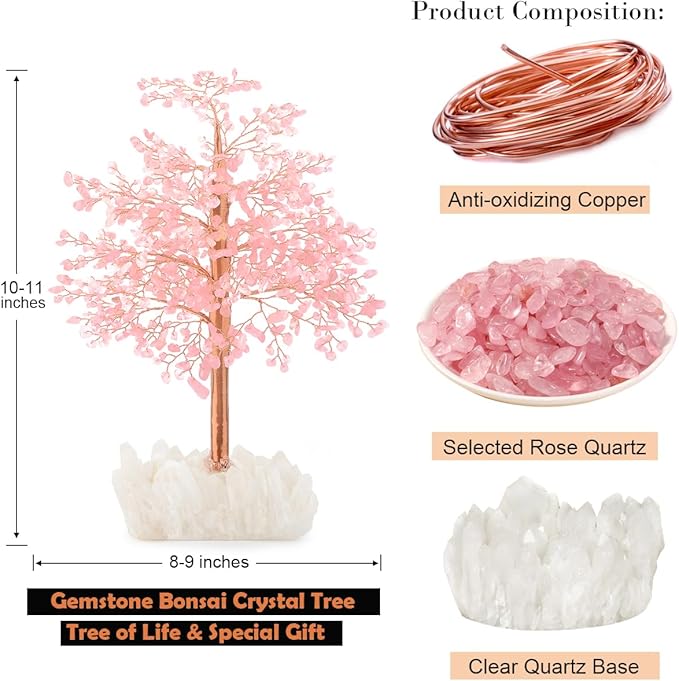 Rose Quartz Gemstone Crystal Tree of Life - Clear Quartz Base,Chakra Tree Positive Energy,Bonsai Money Tree Feng Shui Decor,Emotional Healing Crystal of Love, Spiritual Gift