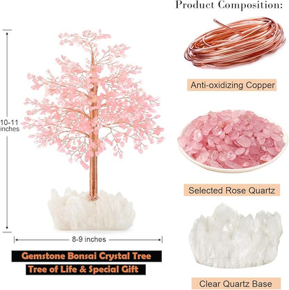 Rose Quartz Gemstone Crystal Tree of Life - Clear Quartz Base,Chakra Tree Positive Energy,Bonsai Money Tree Feng Shui Decor,Emotional Healing Crystal of Love, Spiritual Gift