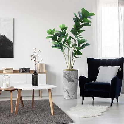 Artificial Tree in Gray Marble Effect Planter, Fake Ficus Lyrata Silk Trees for Indoor and Outdoor Home Decoration - 66" Overall Tall (Plant Pot Plus Tree)