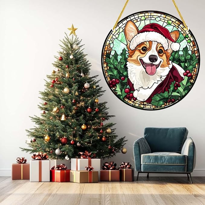 Acrylic Window Hanging Corgi Dog Christmas Stained Panel Window Decoration for Outdoor Indoor Garden Yard Home Winter Decor 8 Inch