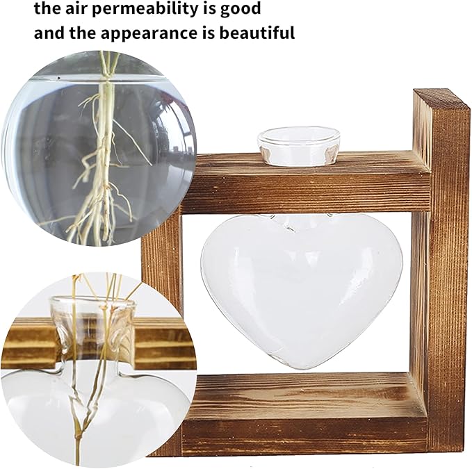 Zerodis Plant Terrarium with Wooden Stand,Heart Shaped Transparent Glass Vase Flower Pot Hydroponics Plant Propagation Station for Hydroponics Plants Home Office Decor (Retro Box + 1