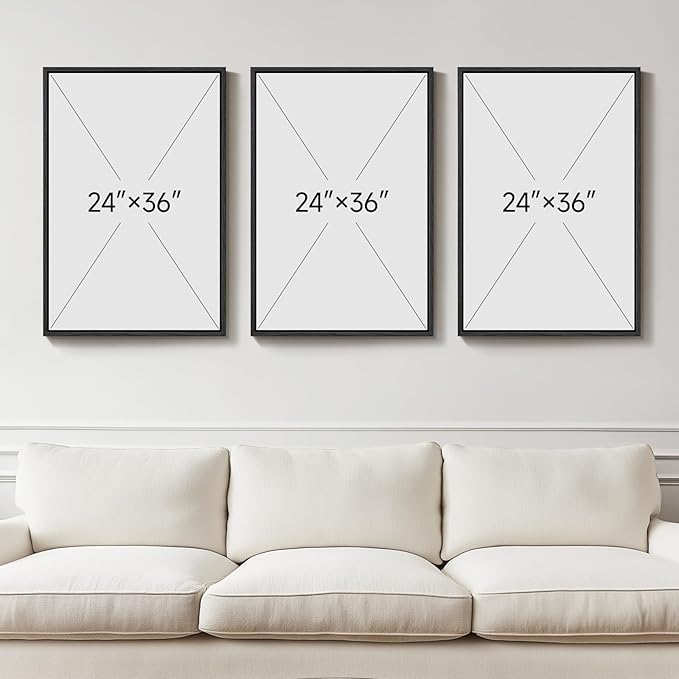 Large Framed Boho Abstract Floral Wall Art for Living Room, 3 Piece Mid-Century Modern Botanical Canvas Painting Prints Artwork for Walls, Black and White Flowers for Bedroom Hallway Office, 24x36 In