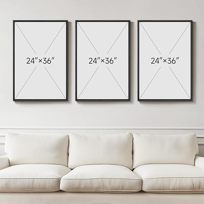Large Framed Boho Abstract Floral Wall Art for Living Room, 3 Piece Mid-Century Modern Botanical Canvas Painting Prints Artwork for Walls, Black and White Flowers for Bedroom Hallway Office, 24x36 In