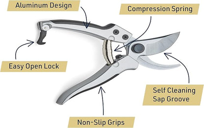 Bypass Pruning Shears for Gardening - 8” Heavy Duty Garden Shears - Spring-Loaded Snap Catch and Ergonomic Grips - Ultra Sharp Rust Resistant Trimming Scissors - Gardening Tools by Kings County Tools