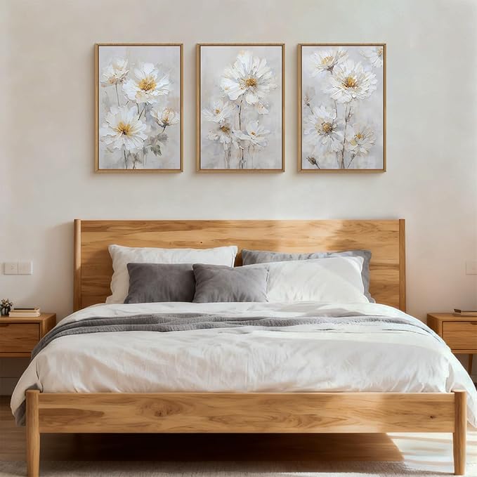 Aryroi Watercolor White Daisy Wildflower Framed Canvas Wall Art Set,Modern Natural Beige Floral Wall Decor,Minimalist Dreamy Flower Botanical Artwork For Living Room, Bedroom,Farmhouse-16 x24 x3