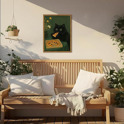 Funny Black Cat Wall Art Whimsical Black Cat Eating Pizza Wall Decor Cute Animal Dark Green Kitchen Poster Canvas Prints for Bedroom Living Dining Room 16x24 inch Wood Framed