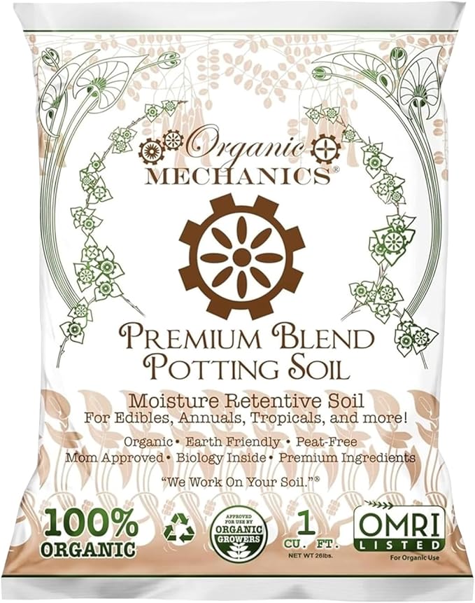 Organic Mechanics Premium Blend Potting Soil, 1 Cu Ft - Moisture-Retentive, Peat-Free, Compost - Enriched Mix with Worm Castings & Perlite for Houseplants, Annuals, Veggies & Tropical Plants