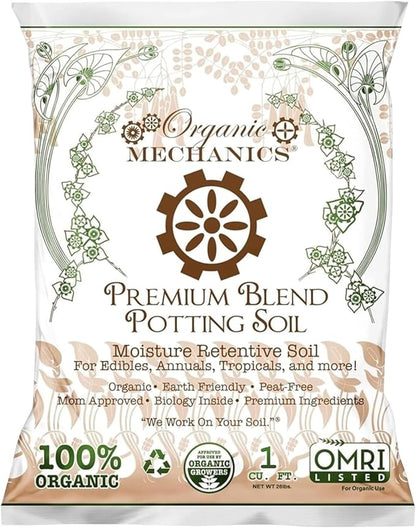 Organic Mechanics Premium Blend Potting Soil, 1 Cu Ft - Moisture-Retentive, Peat-Free, Compost - Enriched Mix with Worm Castings & Perlite for Houseplants, Annuals, Veggies & Tropical Plants