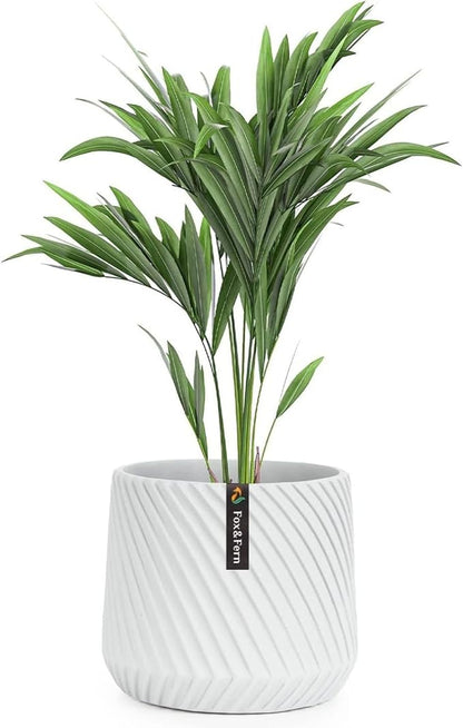 Fox & Fern 8 Inch Plant Pot with Drainage Plug — Premium Polystone White Plant Pot; Modern Planter with 3D Texture and Ceramic Finish; 8 Inch Pots for Plants Indoor & Outdoor; Lightweight