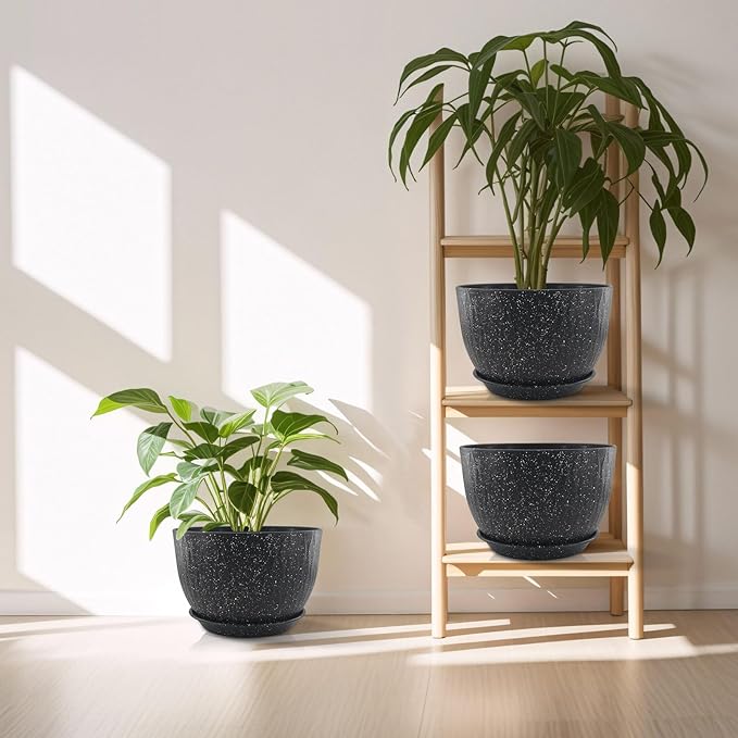 12 inch Large Plant Pots, Flower Pots with Multi-Mesh Drainage Holes and Saucer, Plastic Planters for Indoor and Outdoor Garden Plants (Speckled Black, 12")