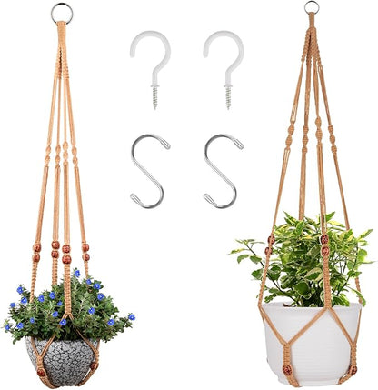 Macrame Plant Hanger for 5 to 10 Inch Plant Pots, Set of 2 Indoor Handmade 35 Inch Woven Rope Hanger Kits with Hooks and Wood Beads, Hanging Planter Basket Holder for Boho Home Decor (Brown, 2 Pack)