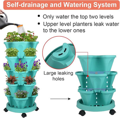 GameXcel Vertical Planter 5 Tier Stackable Planters Garden Planters Strawberry Herb Flower and Vegetable Planter Indoor Outdoor Gardening Pots with Removable Wheels and Tools