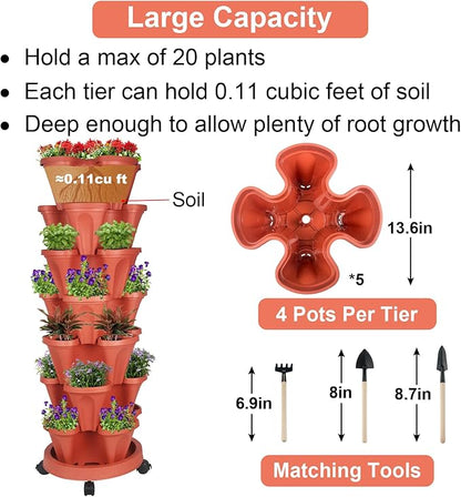 GameXcel Vertical Planter 7 Tier Stackable Planters Garden Planters Strawberry Herb Flower and Vegetable Planter Indoor Outdoor Gardening Pots with Removable Wheels and Tools