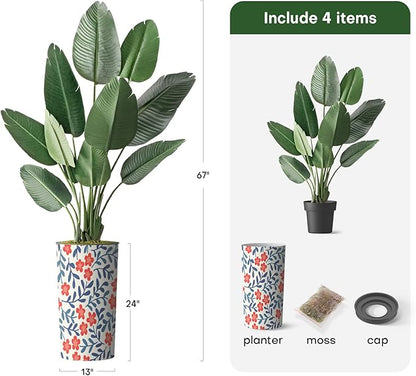 Artificial Tree in Contemporary Daisy Flower Pattern Planter, Fake Bird of Paradise Silk Tree for Indoor and Outdoor Home Decoration - 67" Overall Tall (Plant Pot Plus Tree)