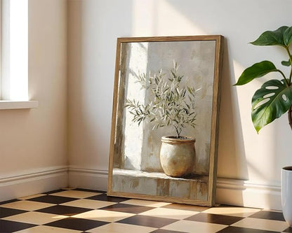 Framed Vintage Olive Tree Wall Art, 3D Textured Sandstone Botanical Pictures Wall Decor, Rustic Neutral Potted Plant Paintings Prints Aesthetic Farmhouse Home Decor for Living Room Bedroom 12x16 inch