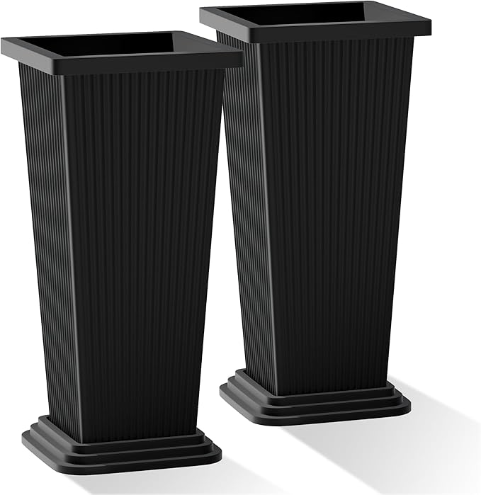 Tall Planters Set of 2, Large Indoor Outdoor Flower Pots with Tray Modern Tapered Planter for Patio, Garden, Porch, Backyard (Black Ribbed)