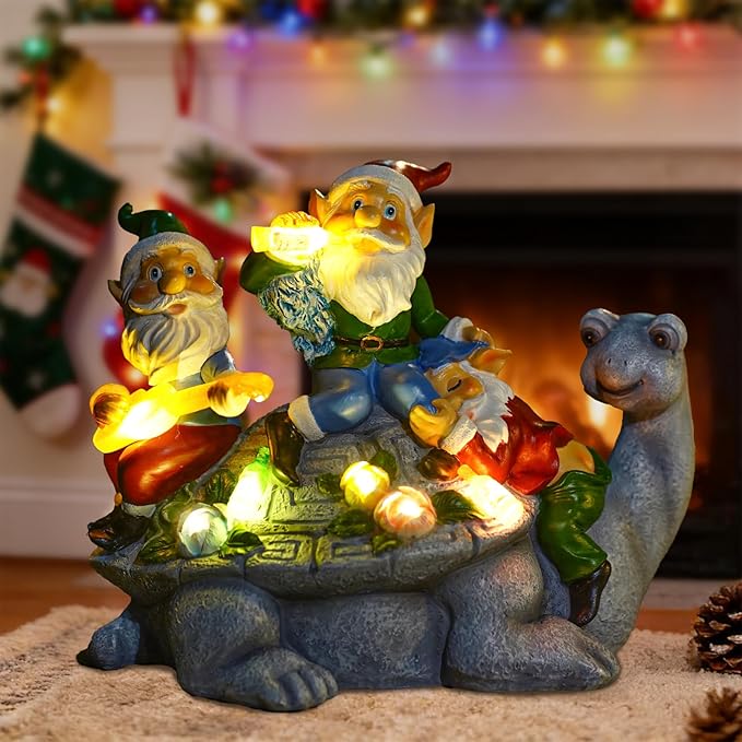 Upgraded Size Christmas Gnomes Outdoor Statue Three Gnomes Having Party on Turtle with 7 LED Solar Figurine for Garden Lawn,Patio,Yard Decor Unique for Grandfather, Father,Grandma,Wen