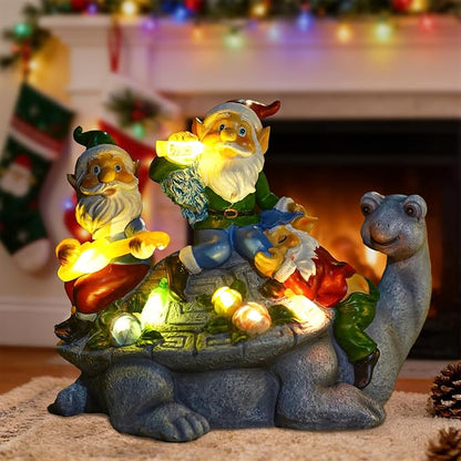 Upgraded Size Christmas Gnomes Outdoor Statue Three Gnomes Having Party on Turtle with 7 LED Solar Figurine for Garden Lawn,Patio,Yard Decor Unique for Grandfather, Father,Grandma,Wen