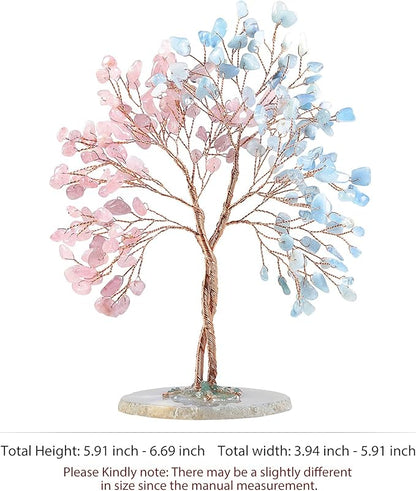 mookaitedecor Handmade Rose Quartz & Aquamarine Crystal Tree with Agate Slice Base, Bonsai Money Tree of Life for Wealth and Luck, Feng Shui Home Decor, Pink & Blue
