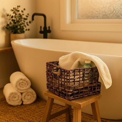 Handwoven Abaca Wicker Basket Set of 3 – 12x10x8 Open Weave Storage Baskets, Natural Woven Bins for Pantry, Bookshelf & Closet Organization, Sustainable Decorative Rattan Design