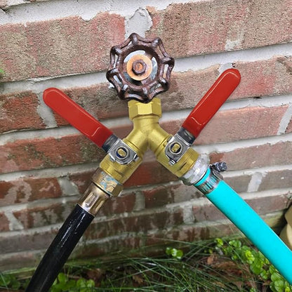 Hooshing Garden Hose Splitter 2 Way Heavy Duty Brass Full Flow Hose Connector with Long Handle 3/4" GHT Thread