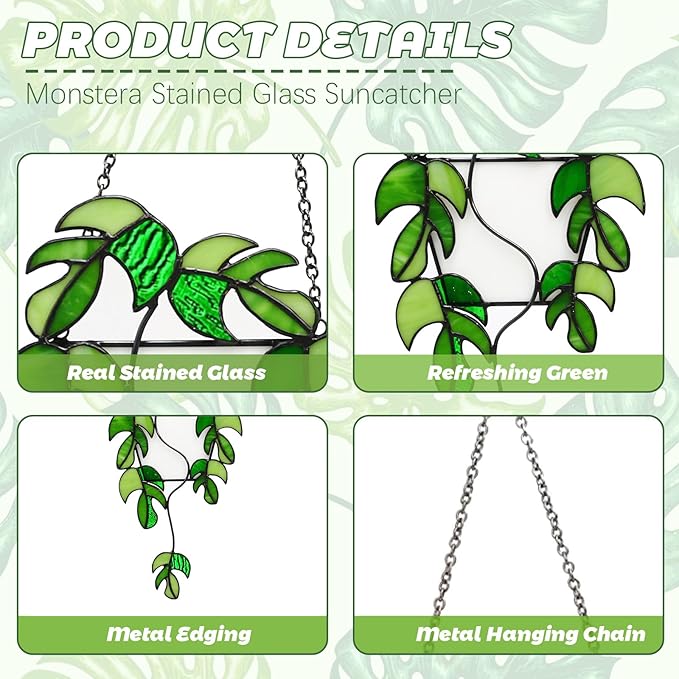 Monstera Stained Glass Window Hanging,Handcrafted Real Stained Glass Plant Suncatcher for Home Indoor Window Wall Decor, Gifts for Plant Lovers,Women,Mother's Day,Christmas
