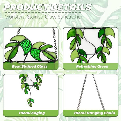 Monstera Stained Glass Window Hanging,Handcrafted Real Stained Glass Plant Suncatcher for Home Indoor Window Wall Decor, Gifts for Plant Lovers,Women,Mother's Day,Christmas