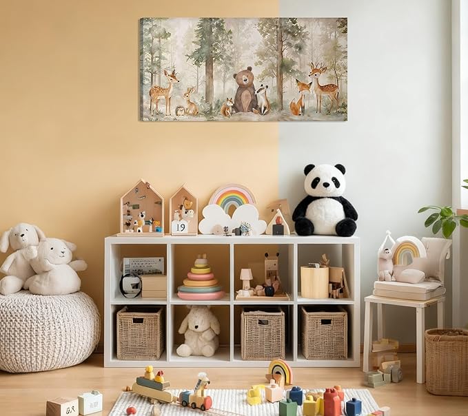 Large Frame Woodland Animal Nursery Canvas Wall Art Wild Animal Forest Painting Picture Wall Decor Fox Bear Deer Watercolor Poster Printing Artwork for Boys Room Girls Room Home Decoration 24x12"