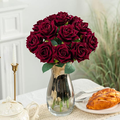 Fake Roses Faux Flowers Silk Roses Artificial Roses with Stems 16.5In Realistic Artificial Flowers Suitable for Indoor Home Decoration Diy Bouquet Wedding Decor Party Decor 12PCS(Black red)