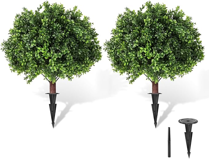 LadyRosian Artificial Boxwood Topiary Tree, 25 Inch 2 Set Outdoor Faux Boxwood Bush Plants,Indoor Ball Trees with Ground Spike, Fake Potted for Home Front Porch Decor Outside Garden