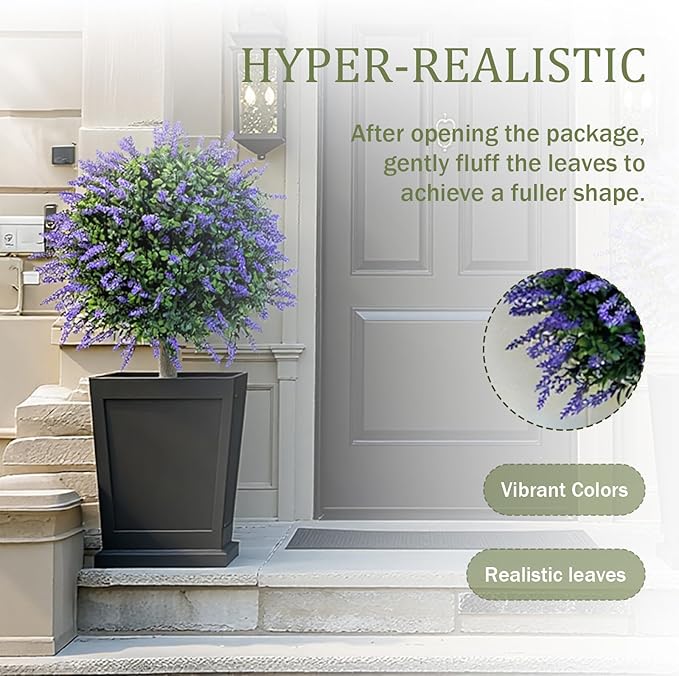 23 Inch Artificial Lavender Topiary Balls Tree, UV Resistant Faux Boxwood Trees with Ground Spike, Perfect for Indoor & Outdoor Garden, Porch, Front Door, and Home Décor, Set of 2
