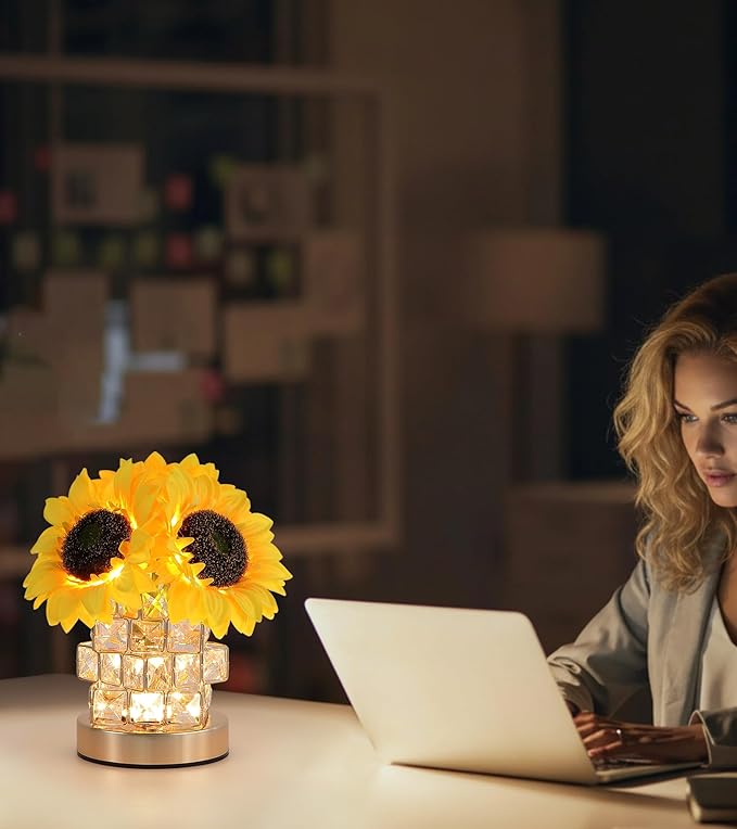 Sunflowers Flower Lamp,Rechargeable Cordless Touch Lamp,3-Colour Infinitely Dimming Small Night Light,Crystal Table Lamp,Christmas/Mother's Day/Birthday Gifts for Women,Home Decor.