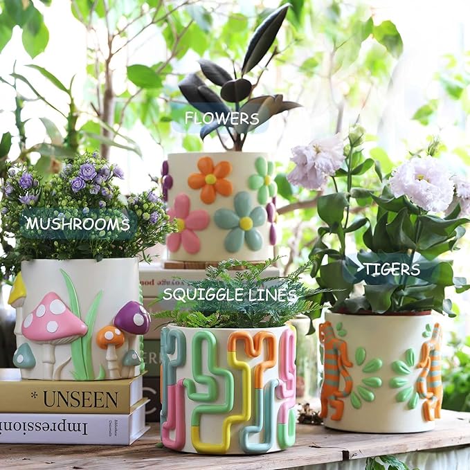 GUGUGO Colorful Mushrooms Planters Cute Unique Rainbow Planter with Drainage, Vintage Retro Flower Plant pots for Indoor & Outdoor Plants, Boho Modern Home Décor (A,5 Inch)