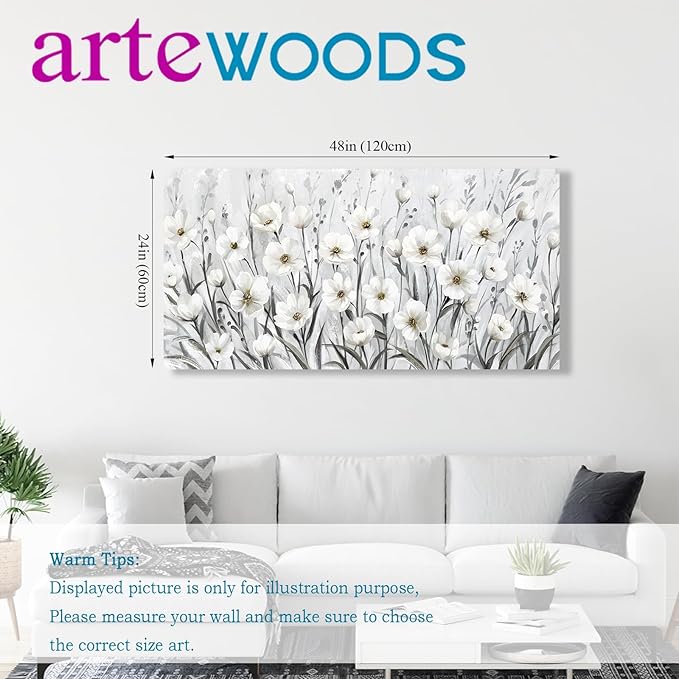 arteWOODS Flowers Canvas Wall Art - Grey White Wildflowers Pictures Wall Decor Botanical Painting Artwork Elegant Floral Prints for Living Room Bedroom Office Home Decor Ready to Hang 48 x 24in