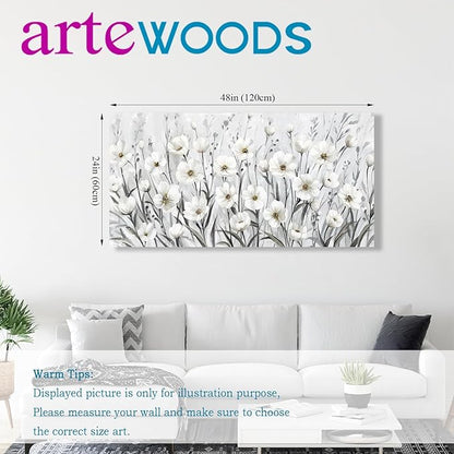 arteWOODS Flowers Canvas Wall Art - Grey White Wildflowers Pictures Wall Decor Botanical Painting Artwork Elegant Floral Prints for Living Room Bedroom Office Home Decor Ready to Hang 48 x 24in