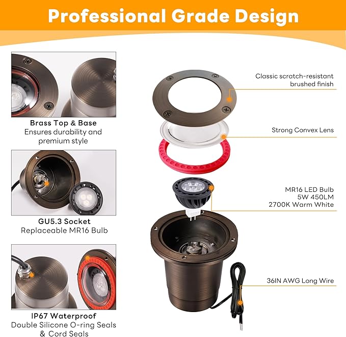 Gardenreet Brass In Ground Well Light - Ip67 Low Voltage Outdoor Light, 12V LED Landscape Lighting, Antique Bronze for Walkway Garden Lawn with 2700K Warm White MR16 Bulb (4 Pack)