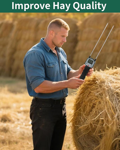 Hay Moisture Tester, Portable Hay Moisture Meter, Hay Bale Moisture Tester with Dual Probe, Forage Moisture Tester with Automatic Temperature Compensation for Alfalfa, Forage, Orchard Grass, Bales