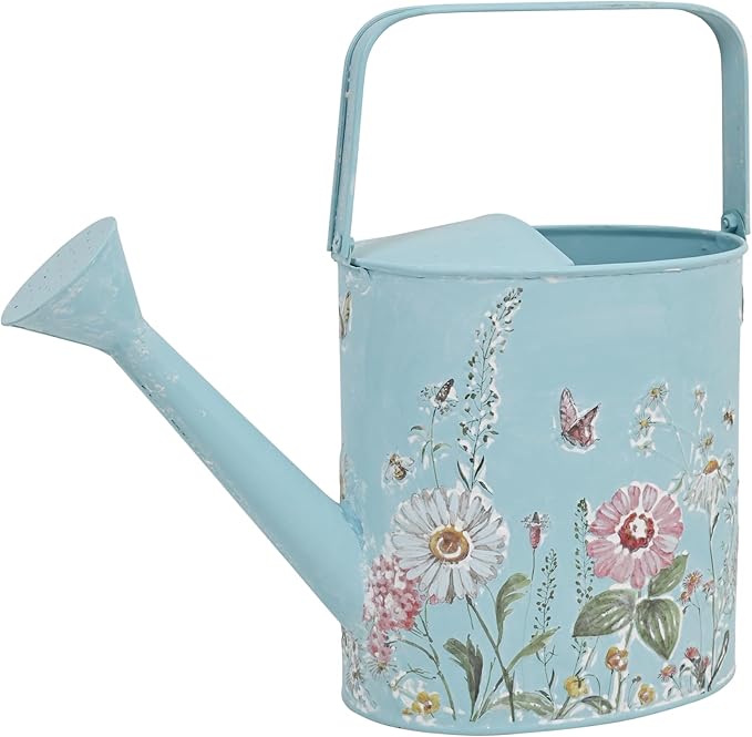 Vintage Floral Metal Watering Can for Indoor/Outdoor Plants, Blue Functional Garden Waterer with Long Spout, Garden Water Pot Rustic Decor for Home Garden Patio