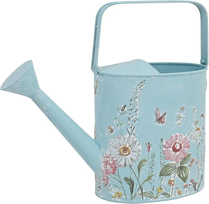 Vintage Floral Metal Watering Can for Indoor/Outdoor Plants, Blue Functional Garden Waterer with Long Spout, Garden Water Pot Rustic Decor for Home Garden Patio