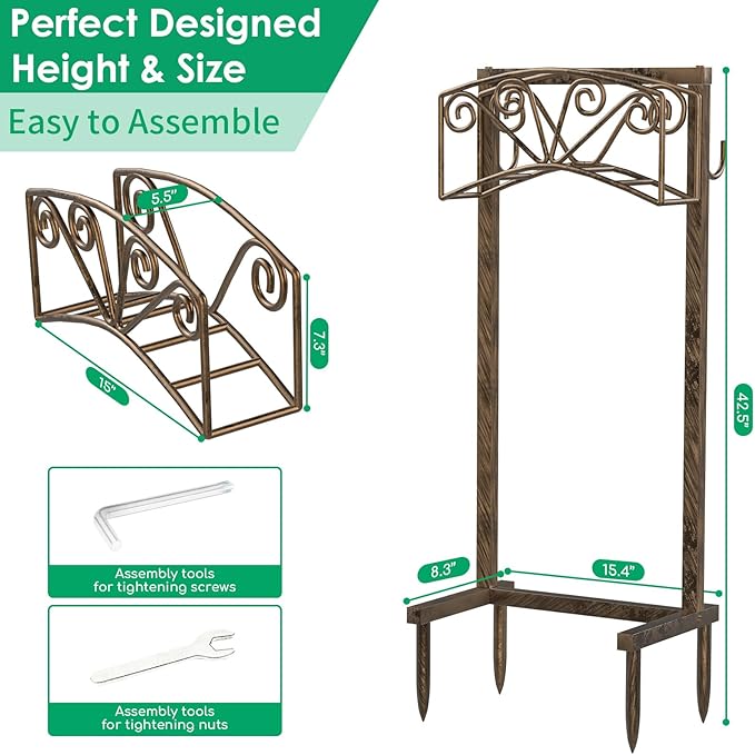 TomCare Garden Hose Holder Upgraded 4 Spikes Water Hose Holder with 2 Tool Hooks Sturdy Hose Reel Holds 150ft Hose Freestanding Hose Stand Hose Storage for Outside Yard Lawn, Rustic Bronze