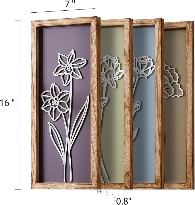 HKBS 3D Wooden Floral Wall Art, Set of 4 Framed Flowers Wall Art Sculptures, Boho Farmhouse Minimalist Decor for Bathroom Bedroom Living Room Kitchen or Office Wall Decorations Housewarming Gifts (Multicolored)