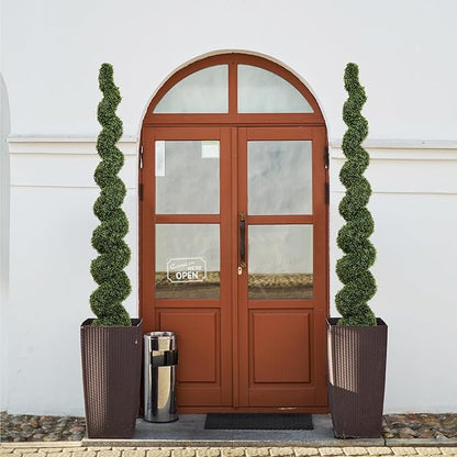 THE BLOOM TIMES 7 Foot Large Spiral Topiary Trees Artificial Outdoor Set of 2, Faux Boxwood Plants Outside - All-Year Green Fake Tall Tree for Home Office Front Porch Planter Decor 7ft