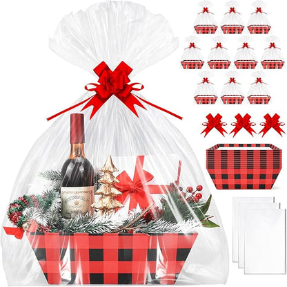 AFOROEOA 10PACK Christmas Gift Baskets Empty, Baskets For Gifts Empty 10x12”Thick Gifts Basket with 10 Bows 10 Bags Gift Basket for Christmas Xmas Wedding Birthdays Party Wrapping （Red Plaid）