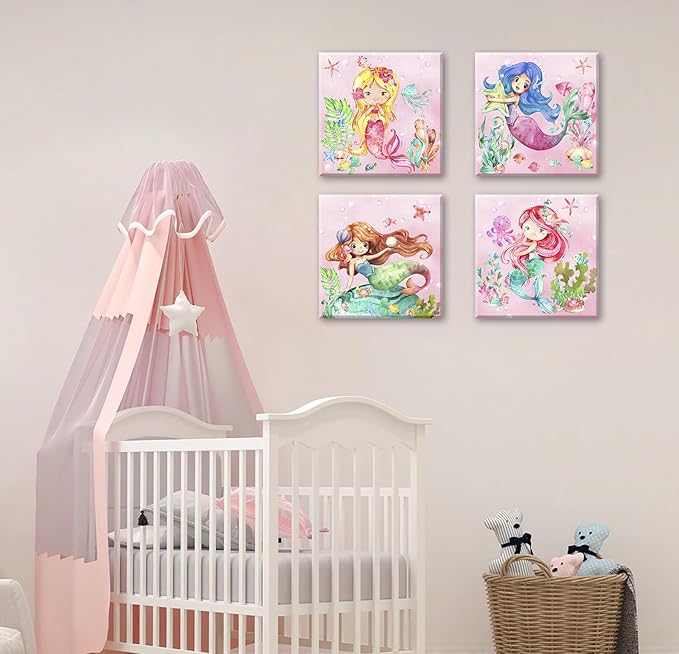 BLINFEIRU Mermaid Canvas Wall Art Set of 4, Cute Pink Watercolor Mermaid Pictures for Girls Room Bathroom Wall Decor, Modern Home Bedroom Nursery Decorations, Framed Artwork 12x12 Inch