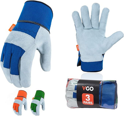 Vgo... Leather Palm Work Gloves for Men, Gardening Gloves, Builder Gloves (3 Pairs,Size XL, 3colors, CB3501)