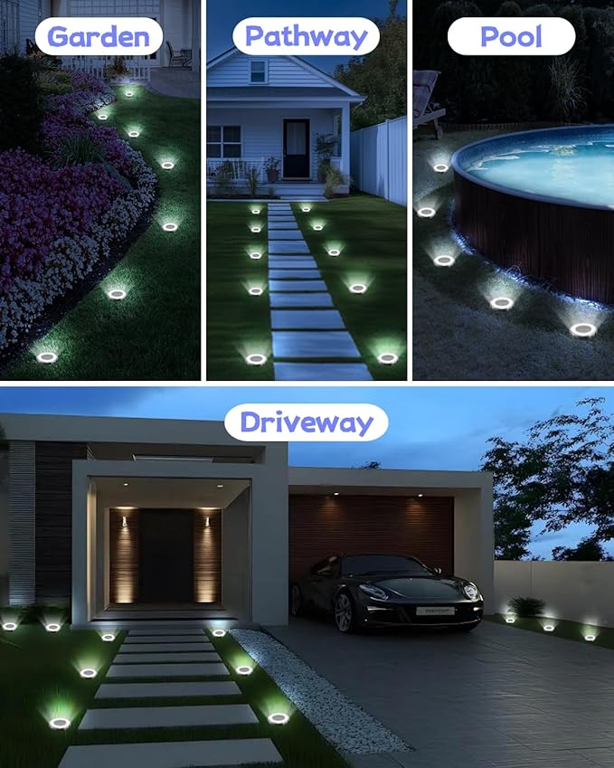 Mini Solar Ground Lights 2 Pack Outdoor IP65 Waterproof Solar Flat Garden Light Solor Powered Disc Pathway Lights for Outside Walkway Yard Landscape Patio Lawn Driveway-Cool White