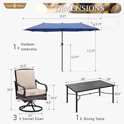 Sophia & William Patio Set with Umbrella 8 Piece Outdoor Dining Set for 6 with 13ft Double-Sided Patio Navy Umbrella, 6 x Swivel Patio Chairs, 1 Rectangular Dining Table for Lawn Garden