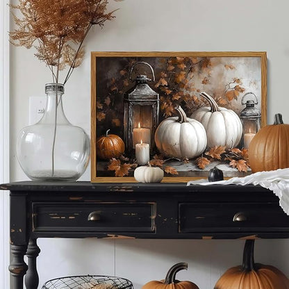 Framed Vintage Fall Pumpkin Canvas Wall Art, Rustic Farmhouse Autumn Paintings Wall Decor, Thanksgiving Pumpkins Pictures Prints Aesthetic Home Decor for Living Room Kitchen Office 12×16 inch