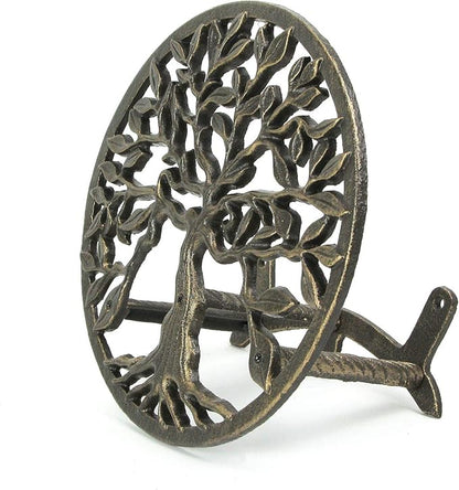 Cast Iron Tree of Life Decorative Wall-Mounted Garden Hose Hanger - Stylish Outdoor Hose Holder Décor with a 12-Inch Diameter - Weather-Resistant Aged Bronze Finish