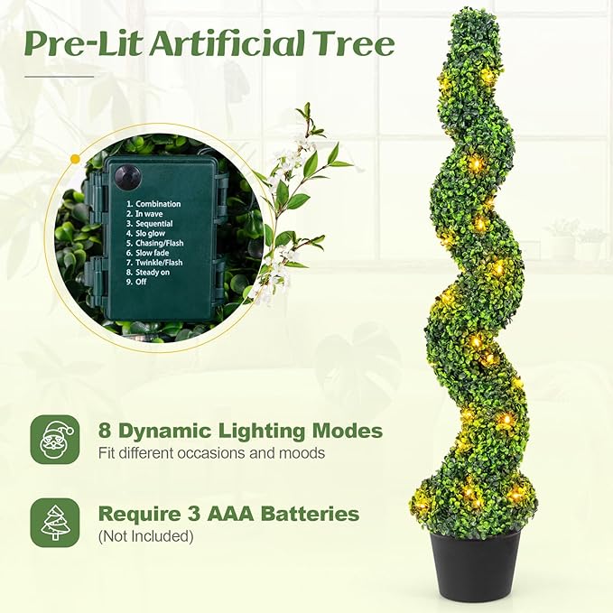 Goplus 4FT Pre-Lit Artificial Spiral Boxwood Topiary Tree, 2 Pack 47” Tall Faux Potted Fake Greenery Plants w/ 100 LED Lights, Nursery Pot, Indoor Outdoor Home Front Porch Holiday Decoration